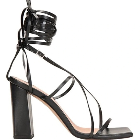 8 By Yoox Lace Up Heel Sandal EU 39, US 9 Black Square Toe Leather NWB - Picture 1 of 10